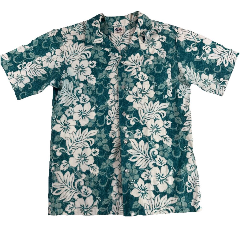 Vintage 1980’s Women’s Small Nui Nalu Hawaiian Aloha Teal Floral Button Up Shirt